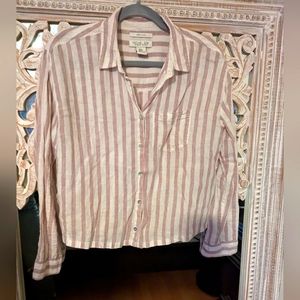 100% linen button down purple cream striped shirt, size small